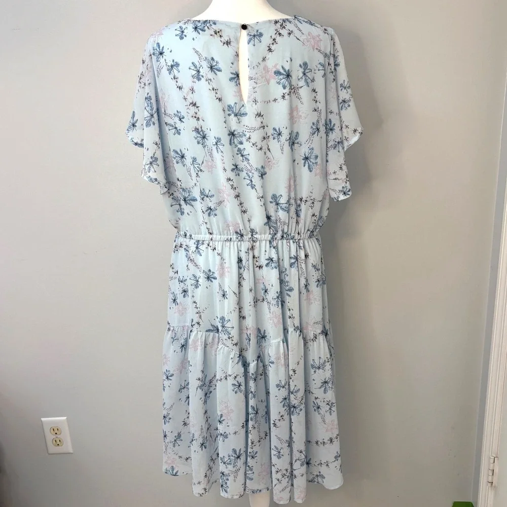 Nemidor Light Blue‎ Floral Chiffon Midi Dress Flutter Sleeve Cottagecore Sz 14